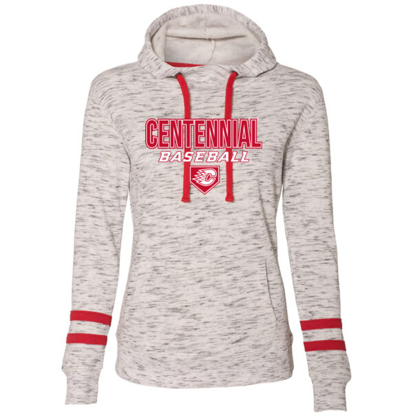J. America - Ladies Melange Fleece Striped Sleeve Hoodie - Appliqué Logo Thumbnail